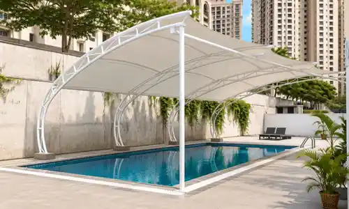 Curved tensile fabric canopy for modern outdoor spaces.