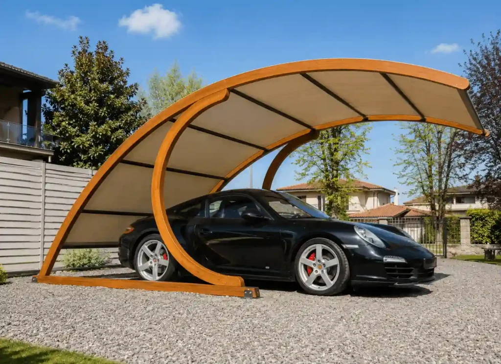 Arch-shaped parking shade protecting a luxury vehicle.