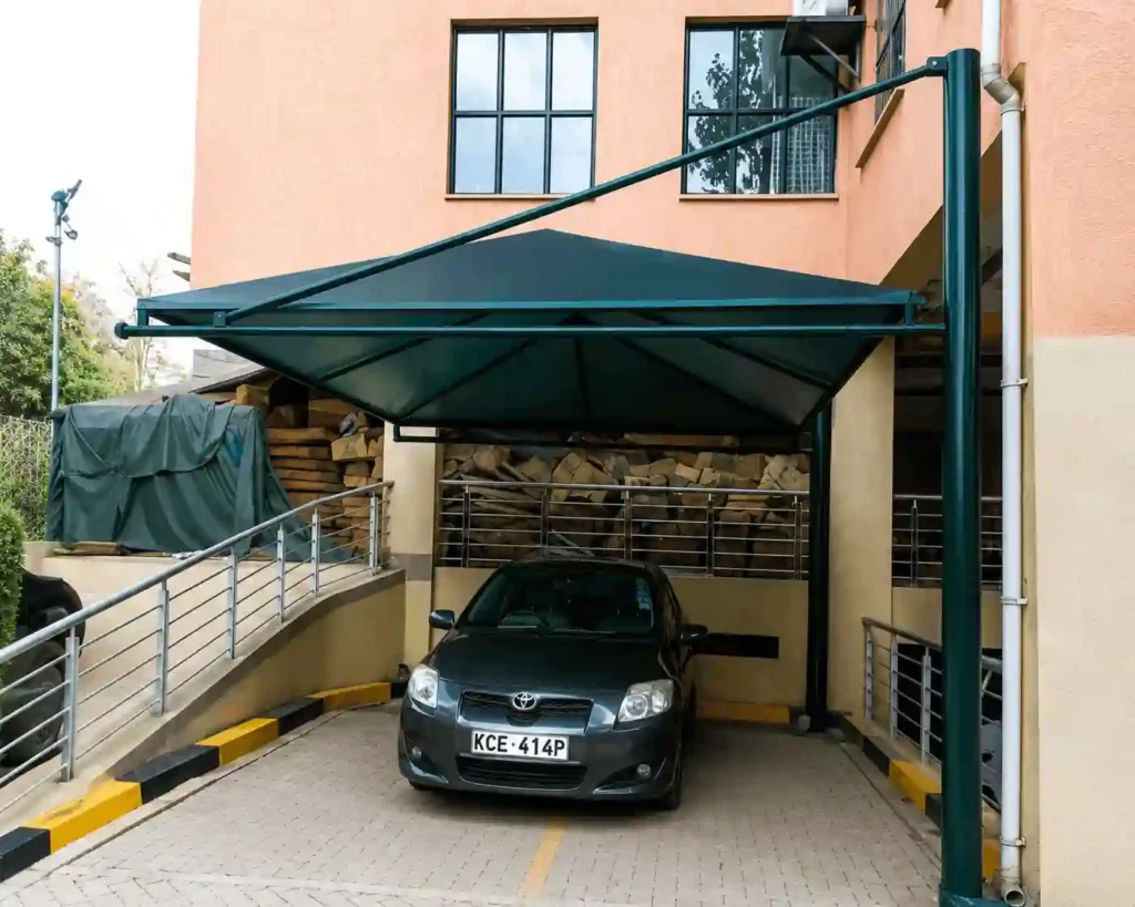 Basement parking entrance shade by car parking shade manufacturers in KSA.