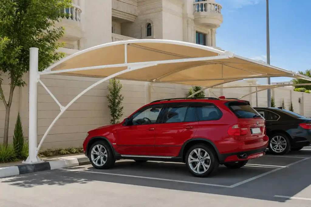 Modern bottom support car parking shade installed in a residential parking area.
