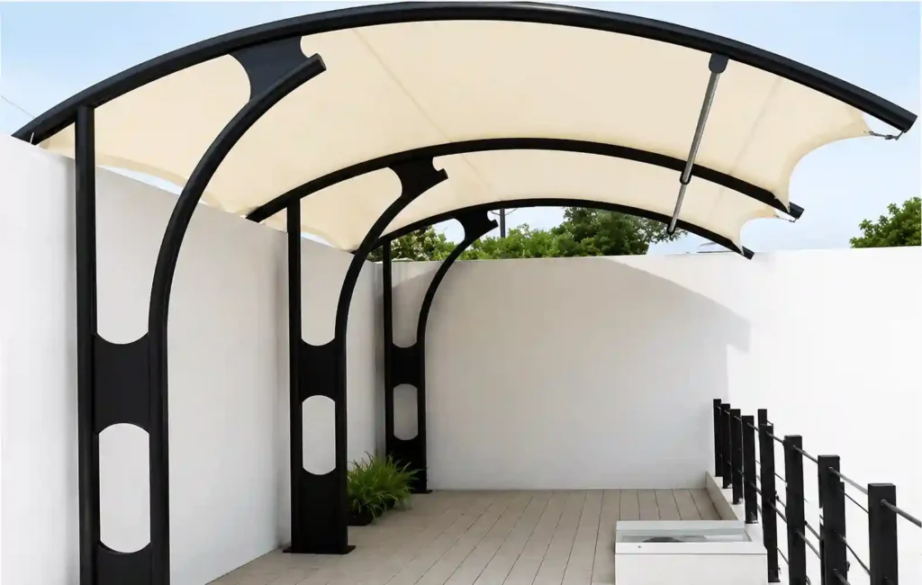 Modern cantilever canopy shelter for parking and pedestrian areas.