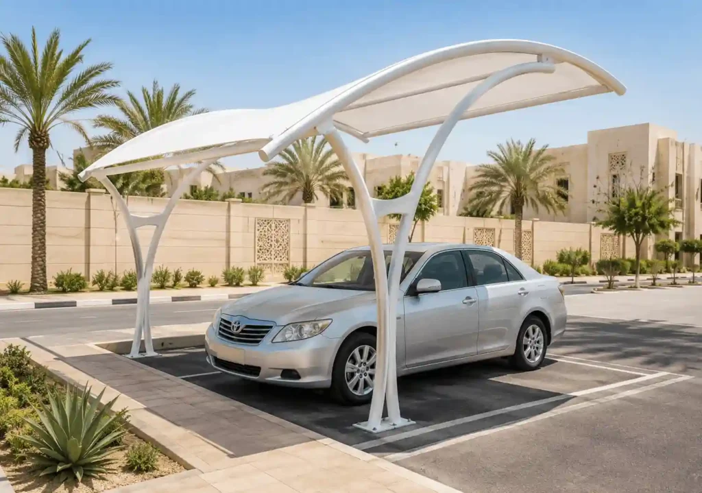 Modern cantilever parking system installed by trusted cantilever shade suppliers in Saudi Arabia.