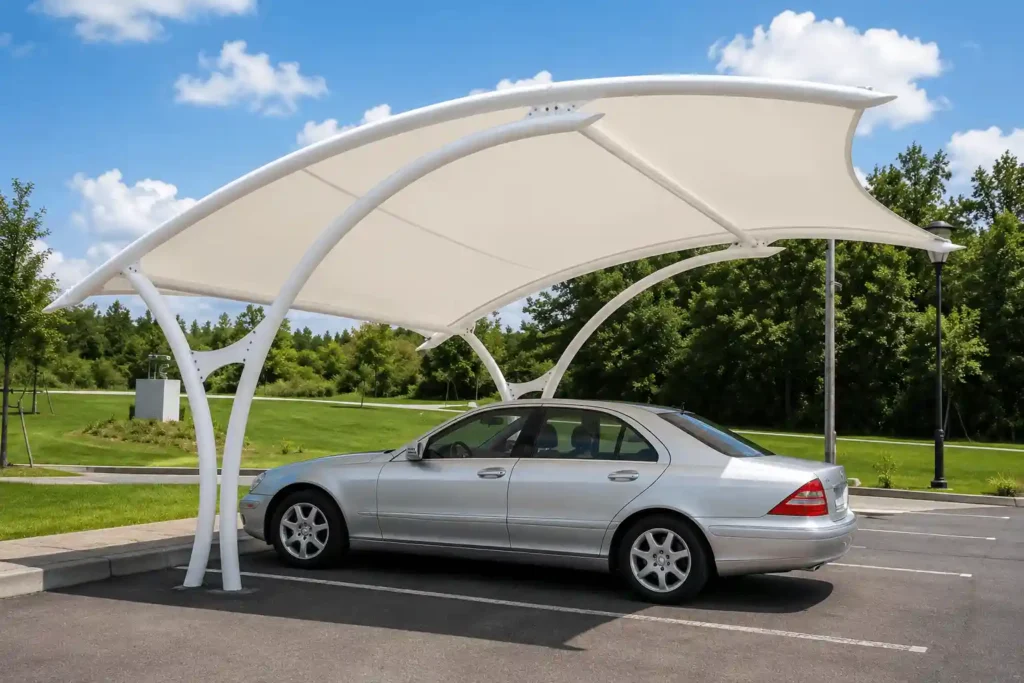 White cantilever parking shade covering a parked sedan.