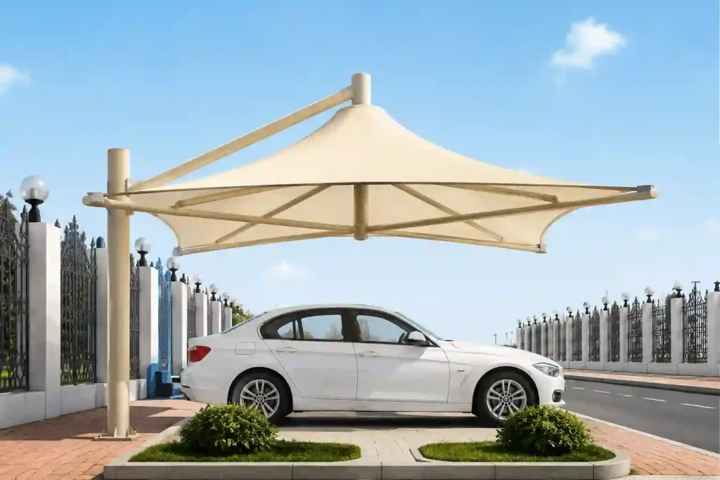 Cantilever-style residential parking shades in Riyadh installed over a private vehicle for sun protection.