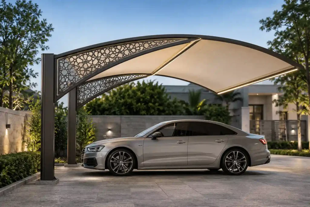 Modern cantilever parking shade installed over a luxury vehicle by trusted cantilever shade suppliers in Saudi Arabia.