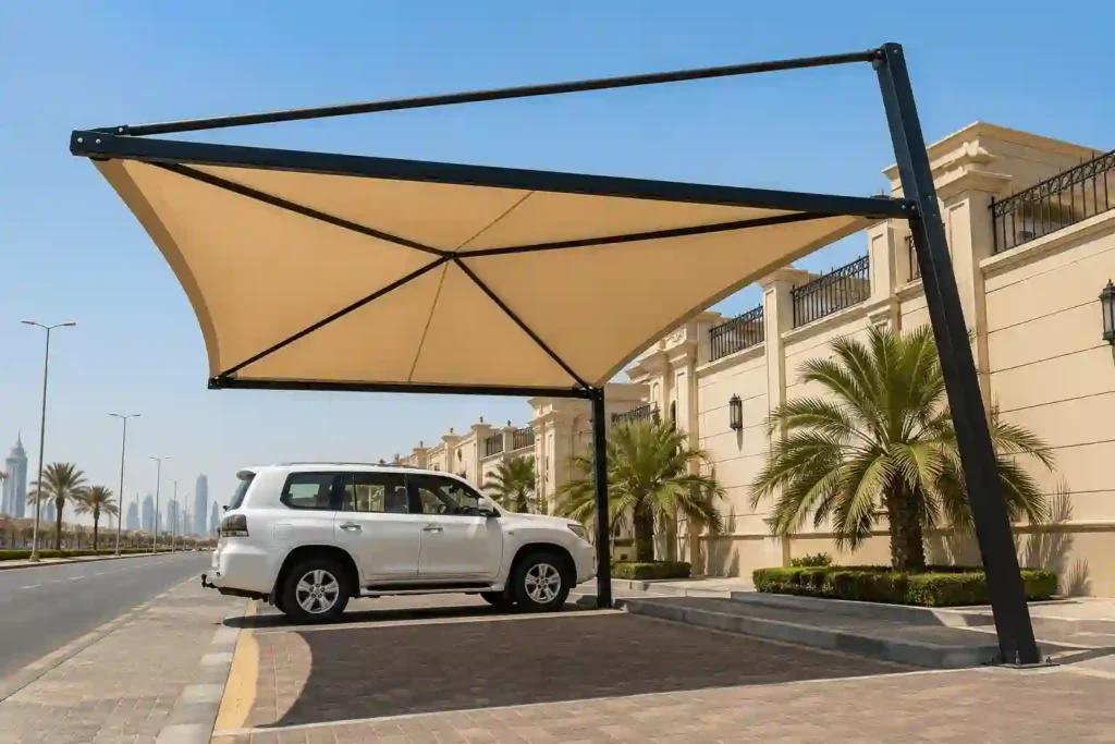Cantilever Pyramid Parking Shades Saudi Arabia for residential and commercial parking.
