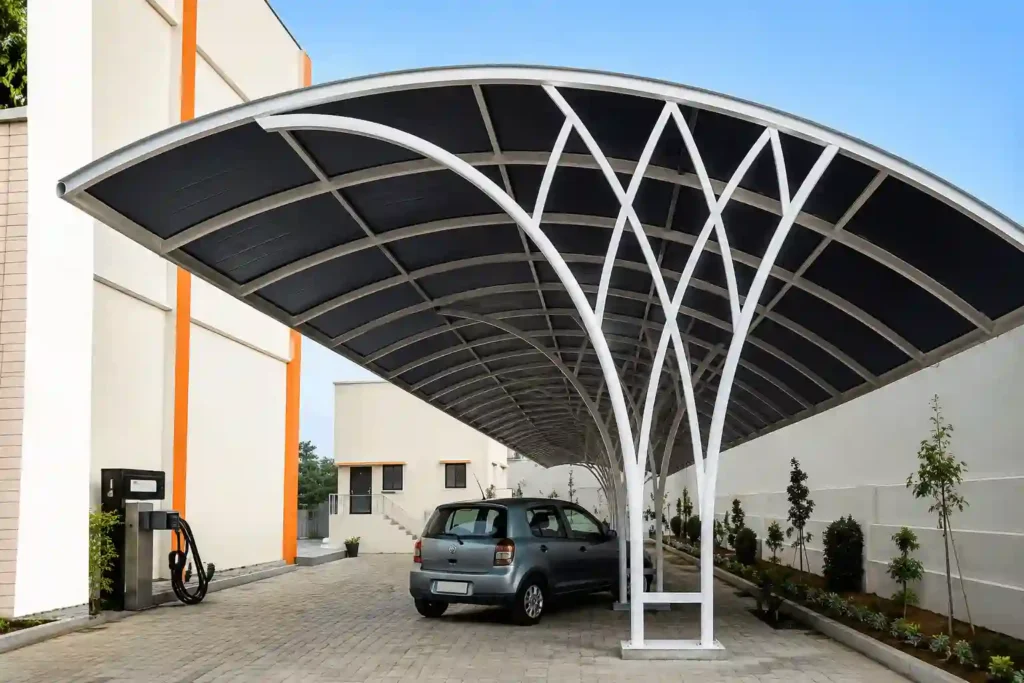 Commercial cantilever carport structure for multi-vehicle parking areas.