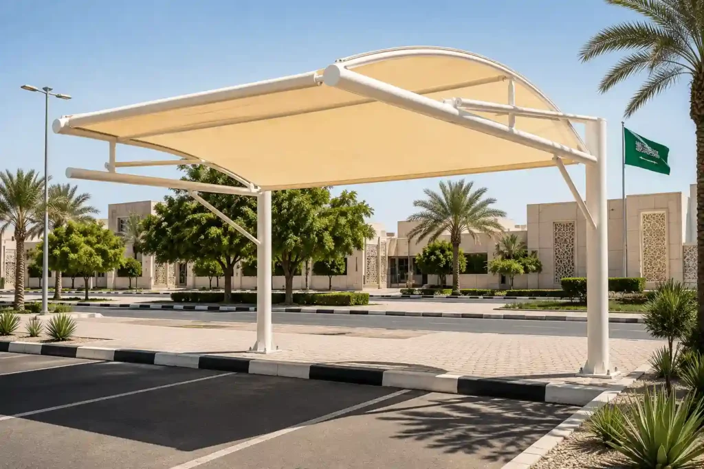 Commercial cantilever parking shade structure installed by experienced cantilever shade suppliers in Saudi Arabia.
