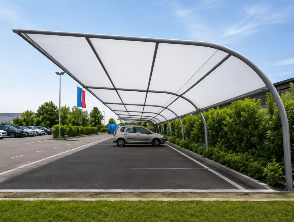 Commercial carport shade installed in an outdoor parking lot.
