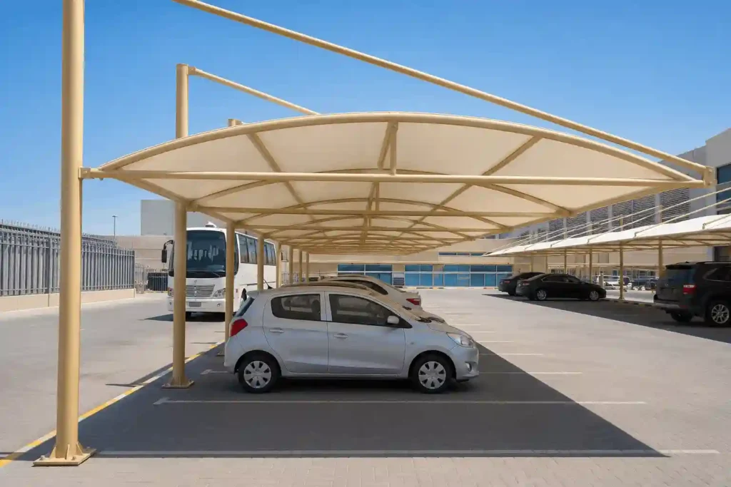 Commercial parking shade canopy covering multiple vehicles.