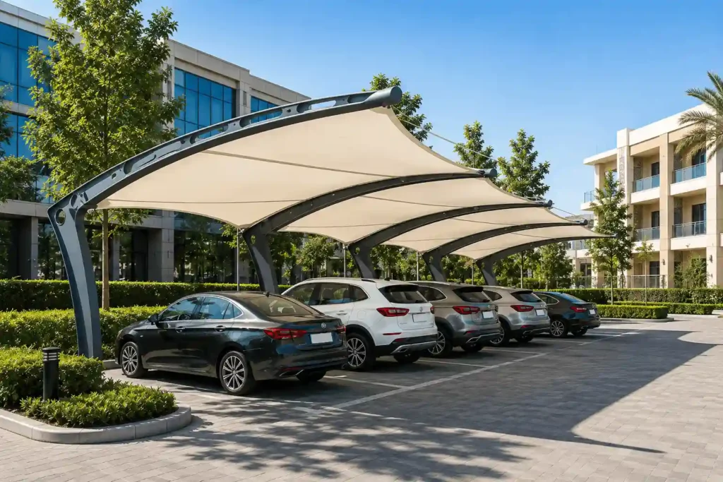 Modern commercial parking shade structure providing covered parking for multiple vehicles.