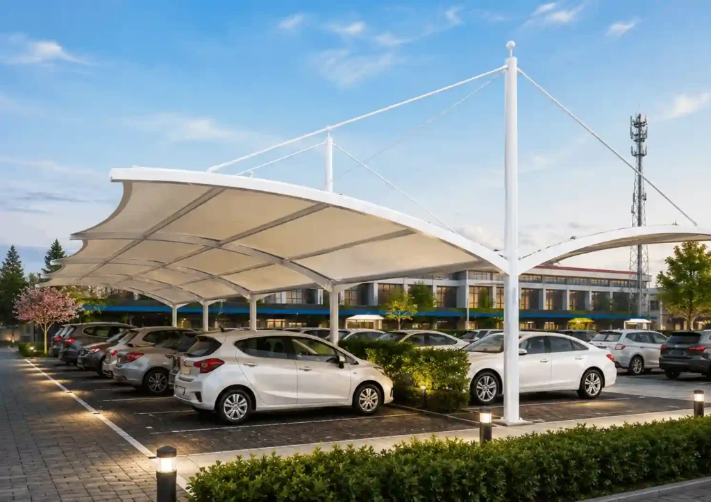 Large commercial tensile parking shade system installed over multiple parking bays by car parking shade manufacturers in KSA.
