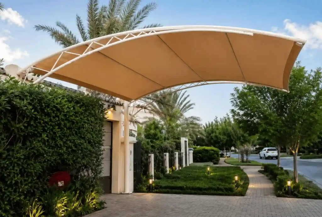 Curved tensile parking shade installed at a residential entrance.