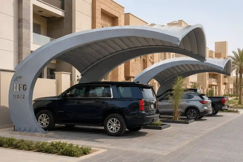 Curved parking shade structure covering residential vehicles.