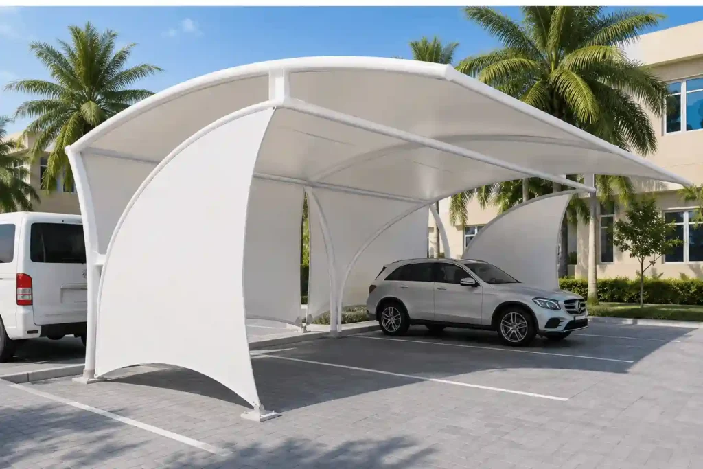 Curved pyramid carport shade installed for private vehicle parking.