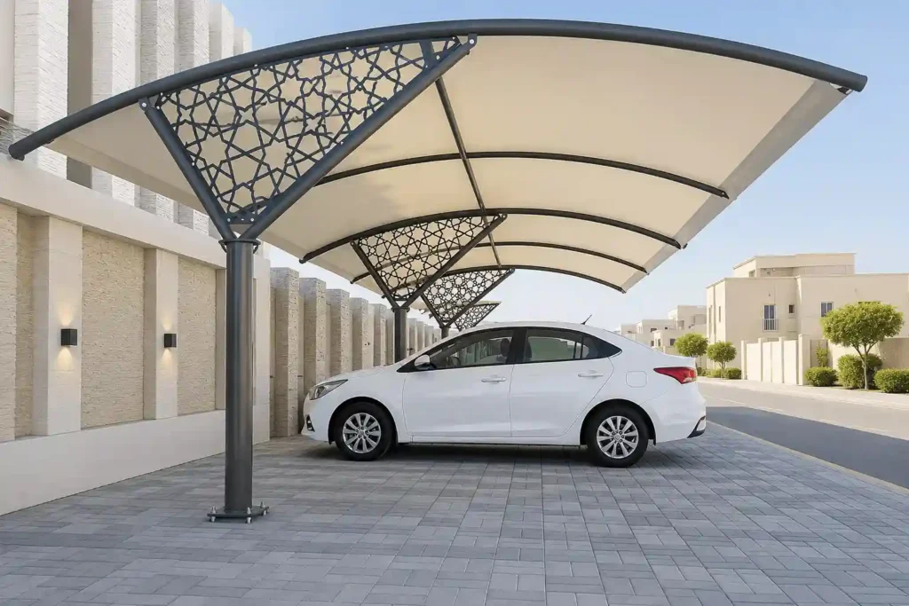 Decorative pyramid parking shades Saudi Arabia with modern steel frame and premium fabric canopy.