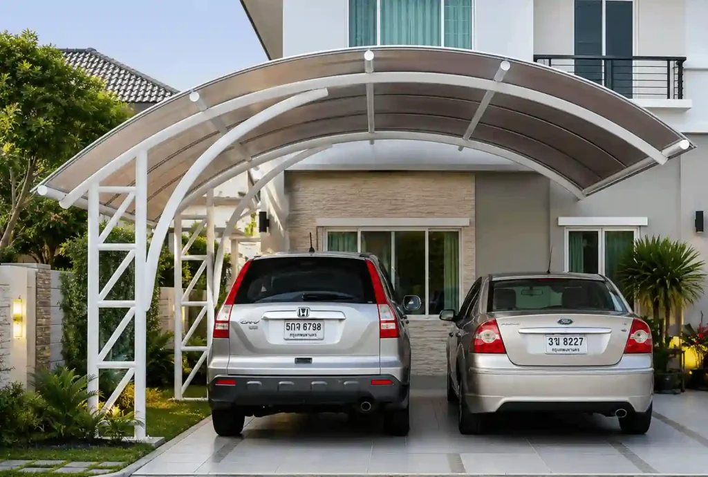 Modern double car cantilever parking shade installed at a residential villa.