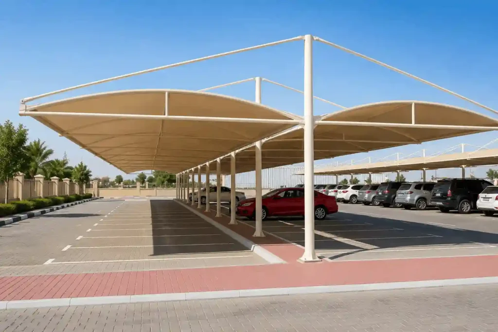 Large double-span parking shade system by car parking shade manufacturers in KSA.