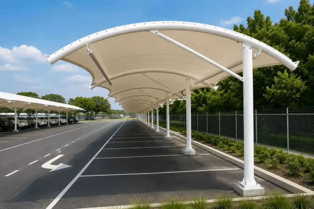 Durable parking shade structure providing reliable vehicle protection in pyramid parking shades Saudi Arabia projects.
