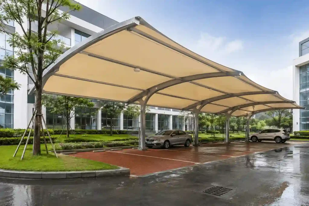 Fabric residential parking shades in Riyadh for multiple vehicles.