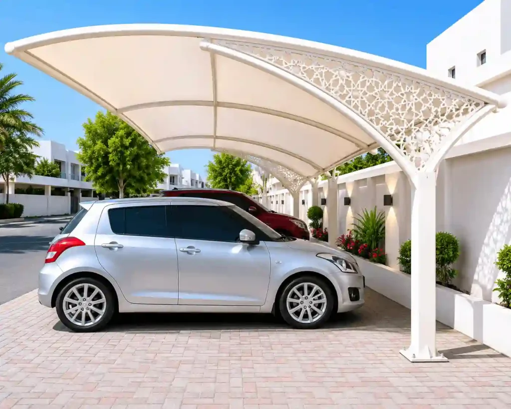 Luxury residential parking shade supplied by cantilever shade suppliers in Saudi Arabia.