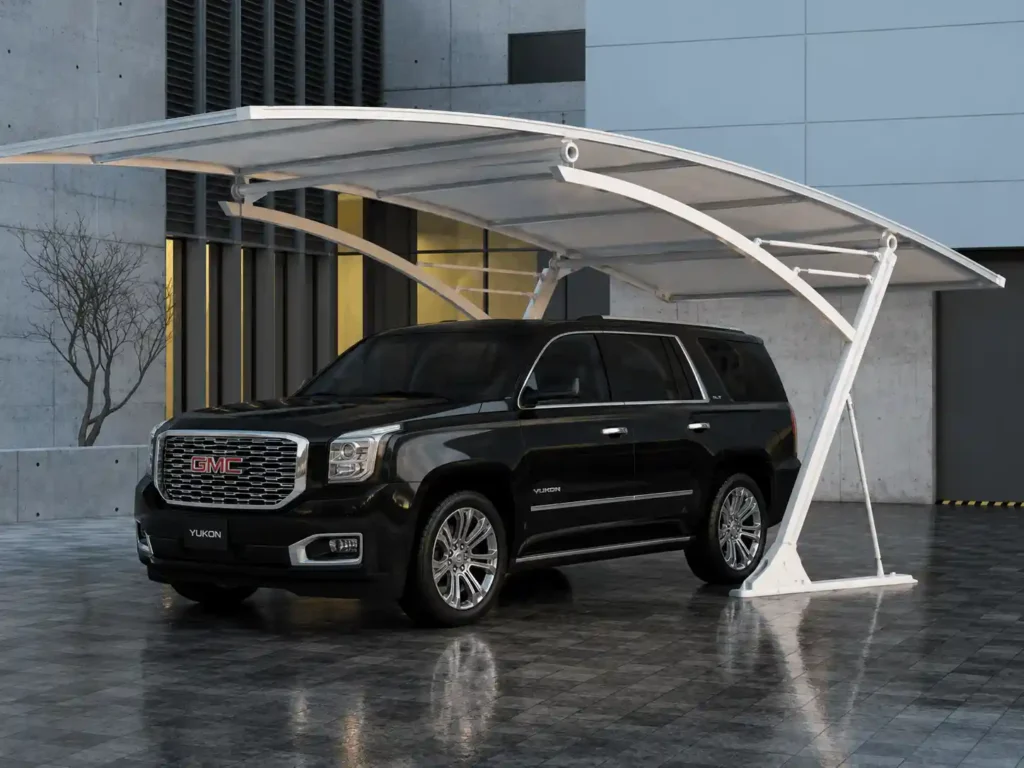 Modern cantilever car parking shade installed for commercial vehicle protection in Saudi Arabia.
