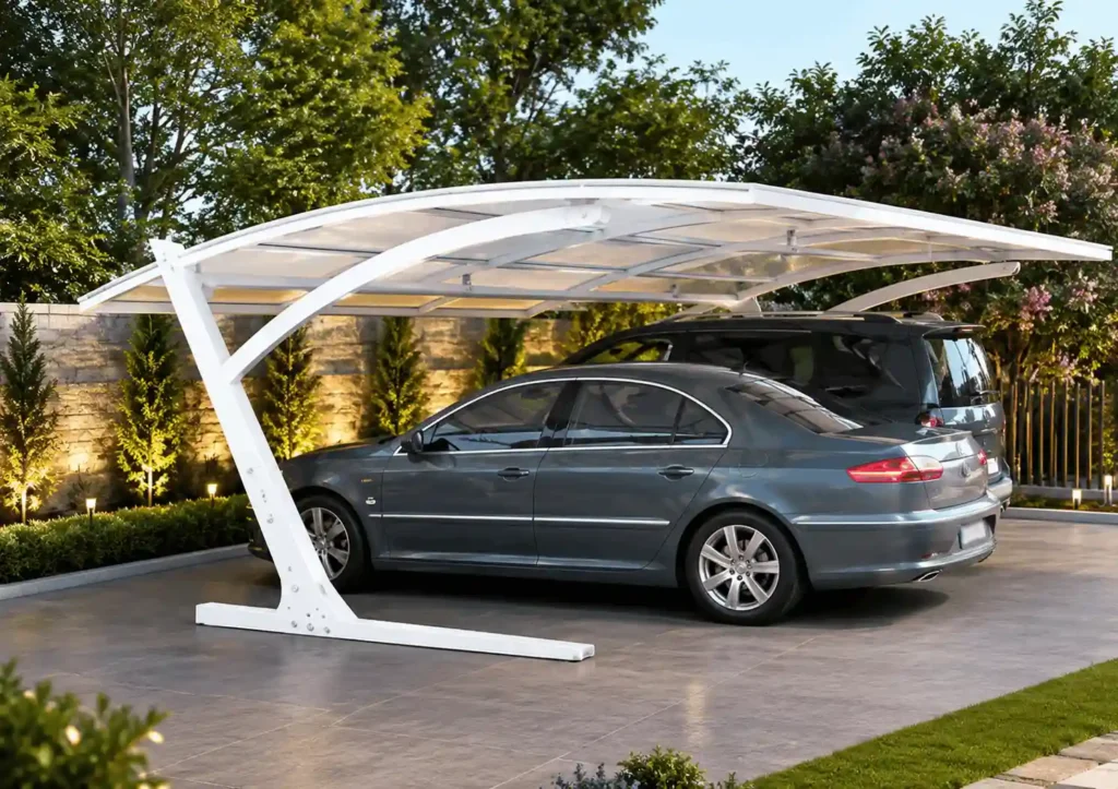 Modern cantilever car parking shade protecting two vehicles, installed by car parking shade manufacturers in KSA.