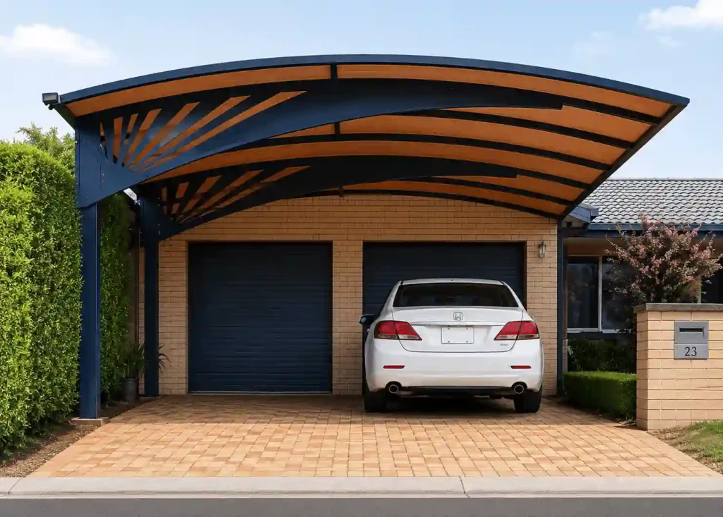 Modern metal carport shade installed for home vehicle protection.