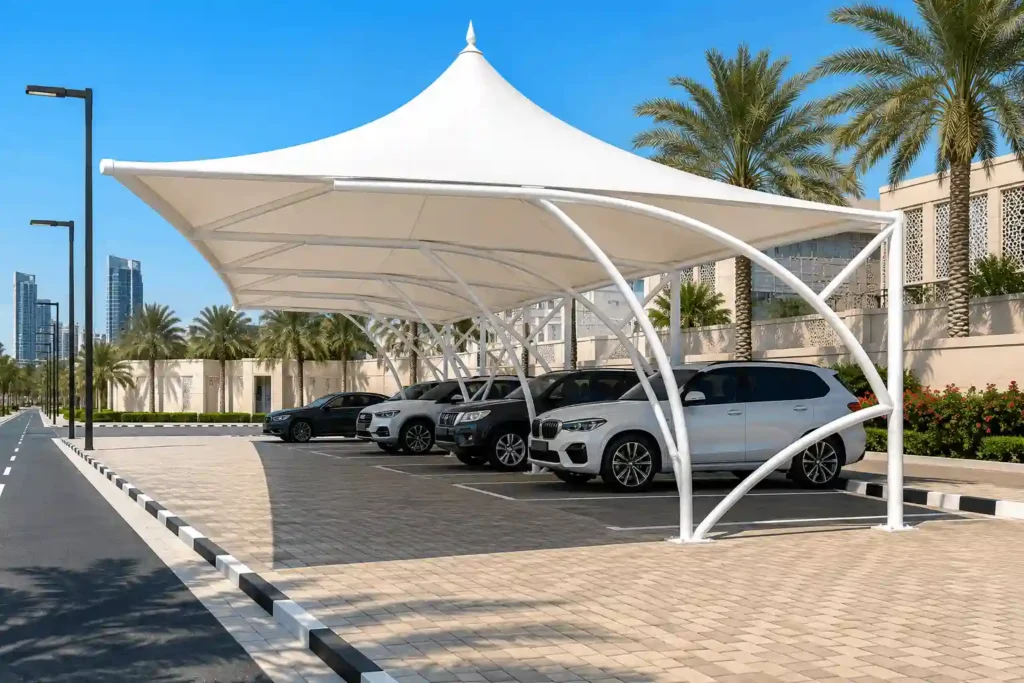 Modern pyramid parking shade with contemporary structural design.