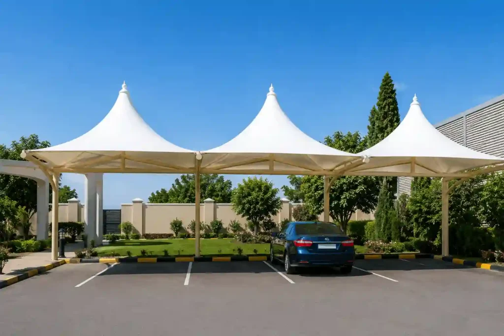 Multiple Pyramid Parking Shades Saudi Arabia covering several parking bays.