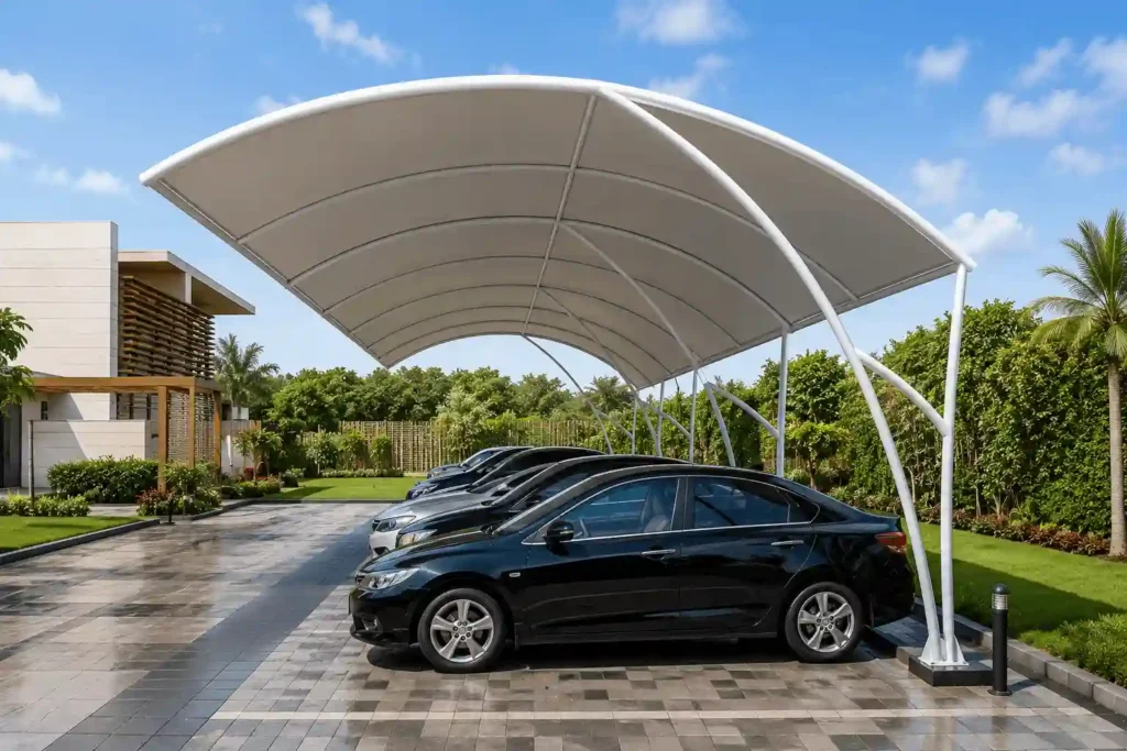 Premium Pyramid Parking Shades Saudi Arabia installed for outdoor vehicle protection.