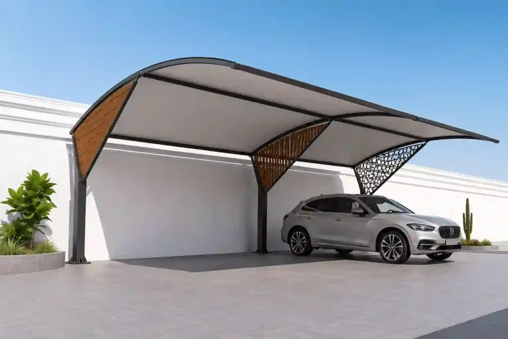 Modern pyramid arch parking shade structure installed for vehicle protection in Saudi Arabia.