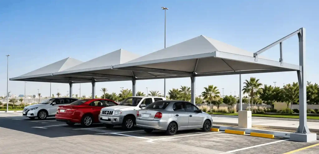 Modern pyramid parking shades Saudi Arabia installed for vehicle protection in a commercial parking area.