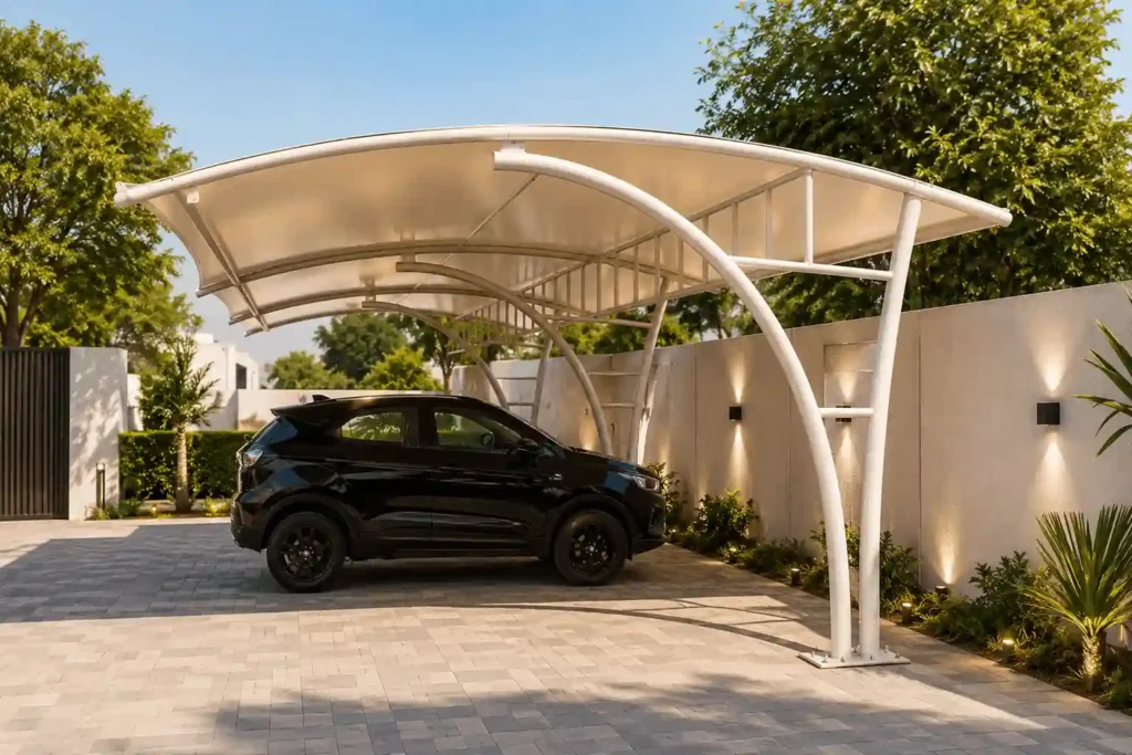 Residential cantilever car parking shade installed by professional cantilever shade suppliers in Saudi Arabia.