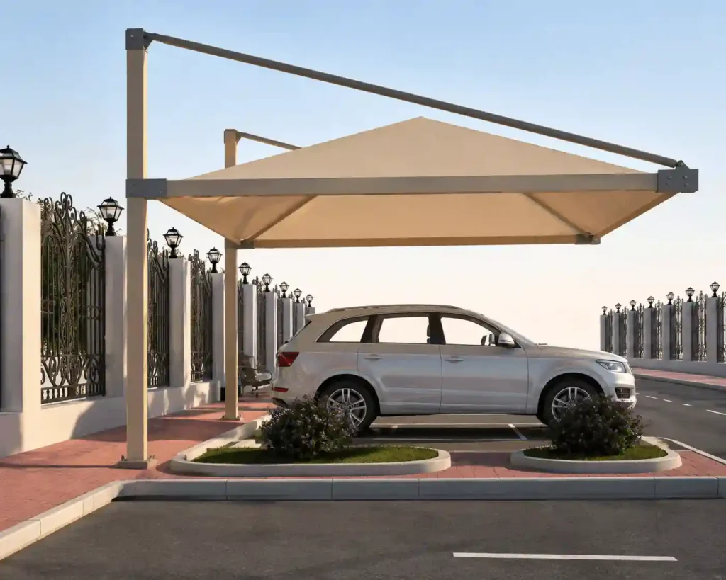 Single-bay residential parking shades in Riyadh with a cantilever steel frame and tension fabric canopy.
