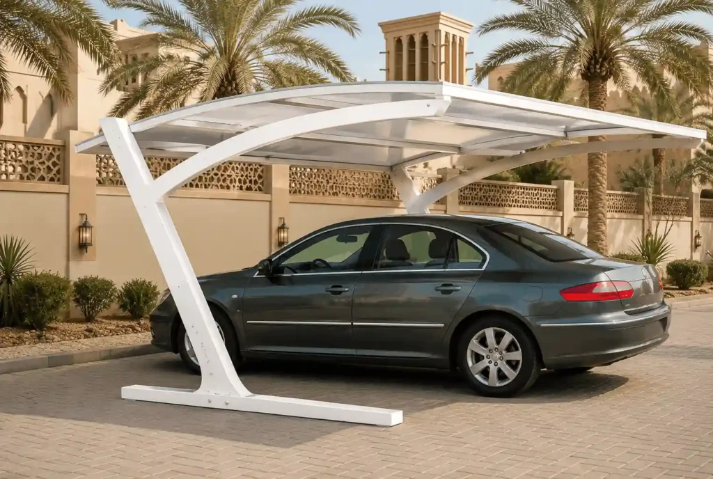 Single vehicle cantilever shade installed beside a luxury residential property.