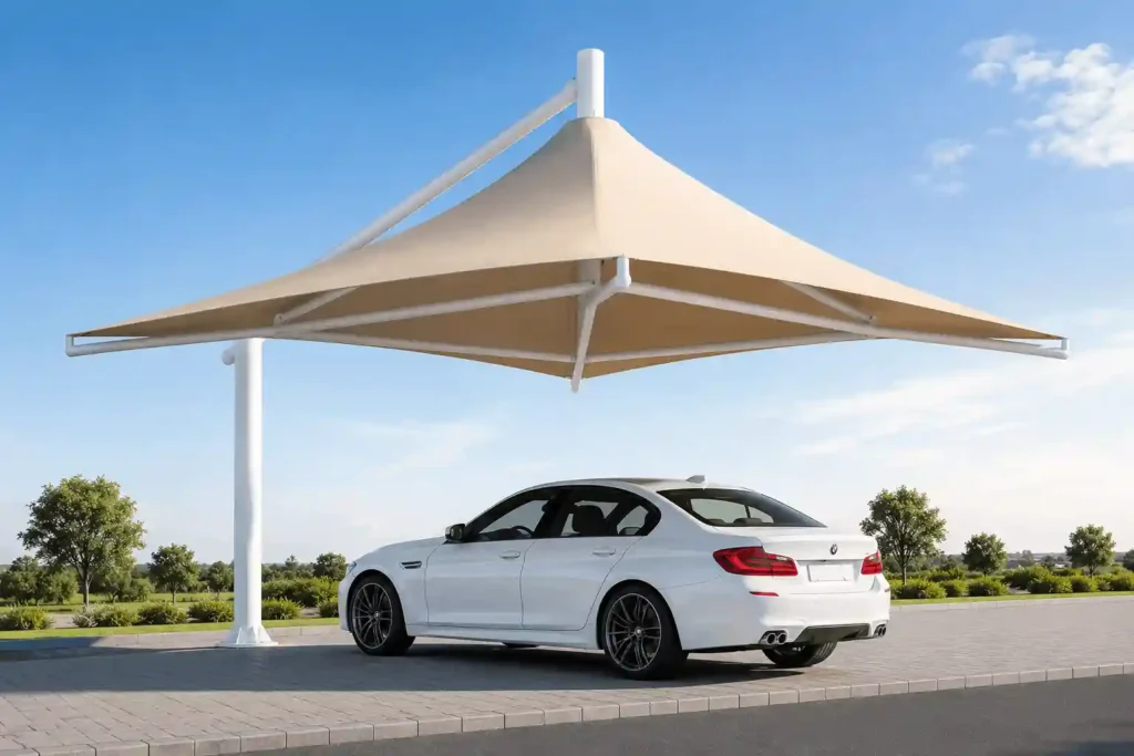 Single pyramid parking shade covering a sedan in an open parking area.