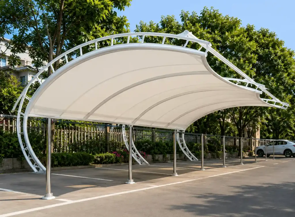 Tensile membrane parking shade with curved steel support frame.