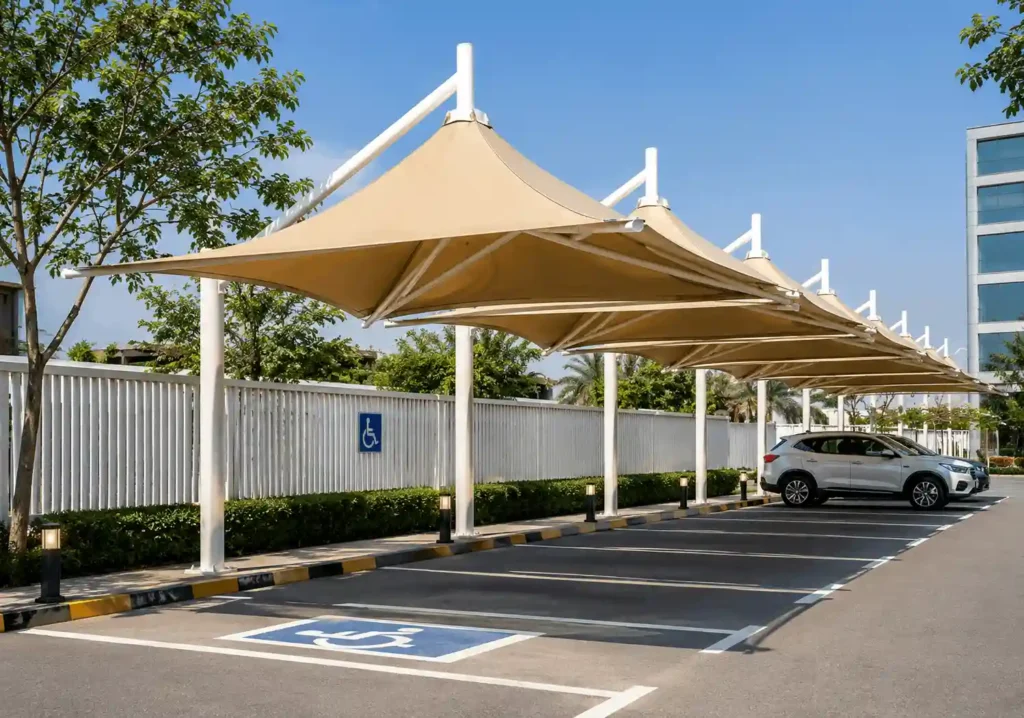 Modern tensile parking shade structure installed over commercial parking spaces by car parking shade manufacturers in KSA.