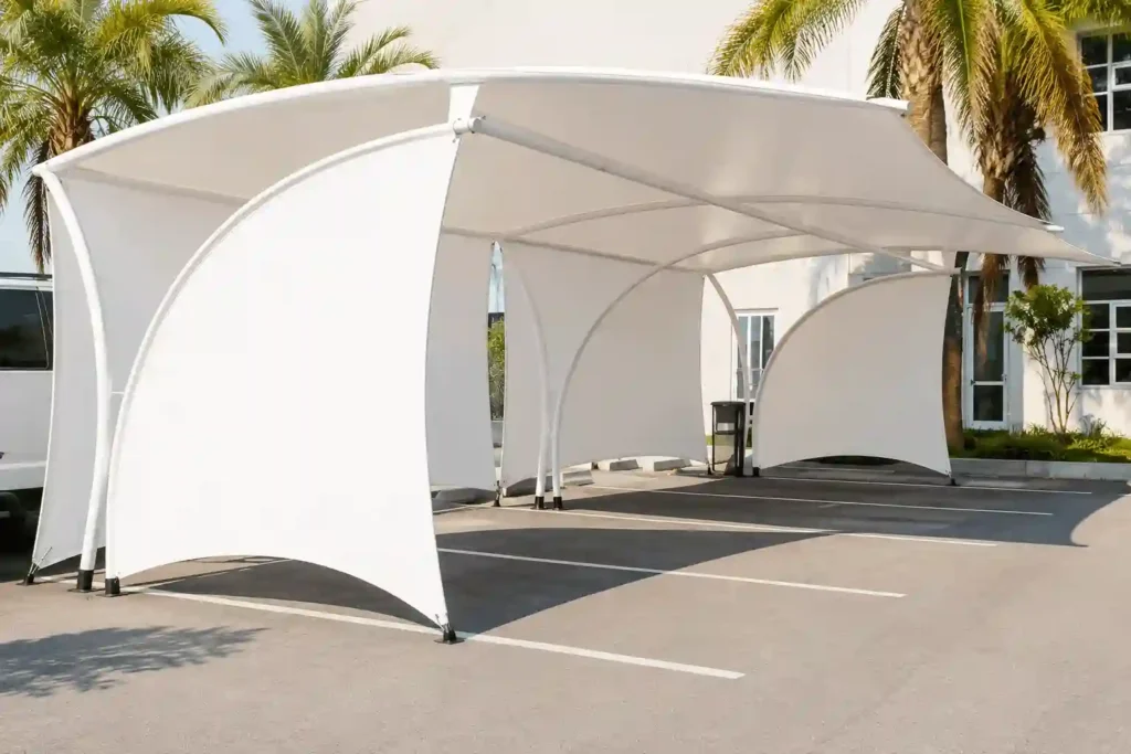 Modern tensile residential parking shades in Riyadh with a curved fabric canopy and steel support frame.