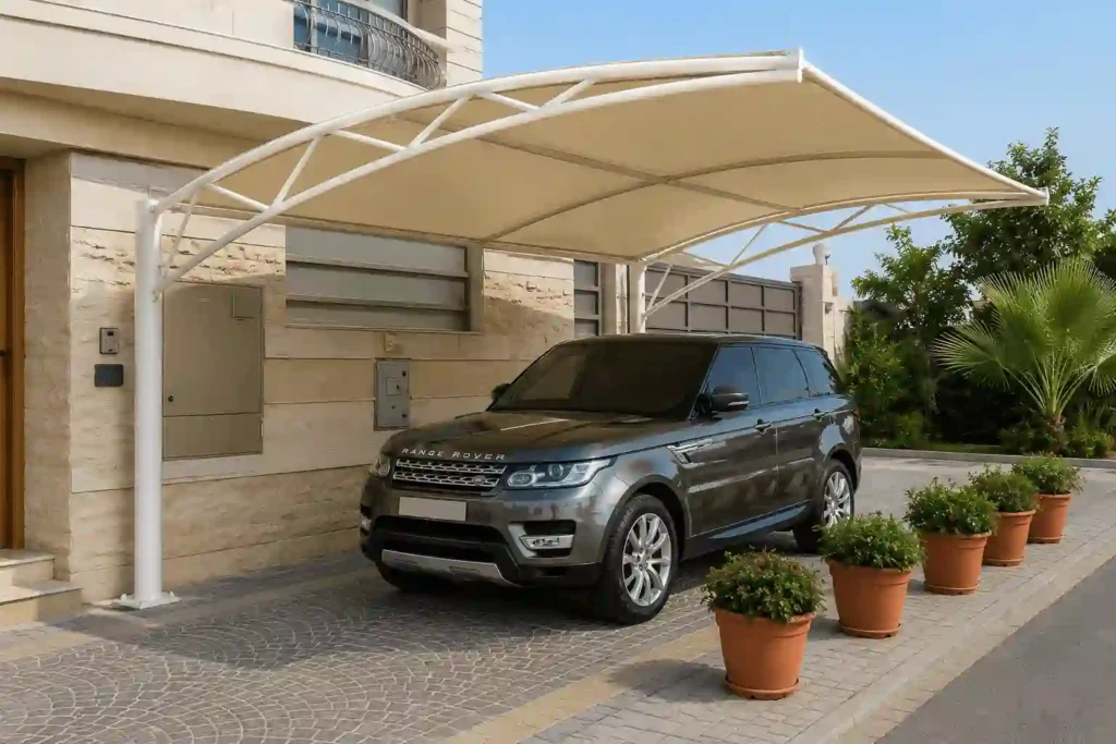 Villa driveway parking shade installed beside a residential property.