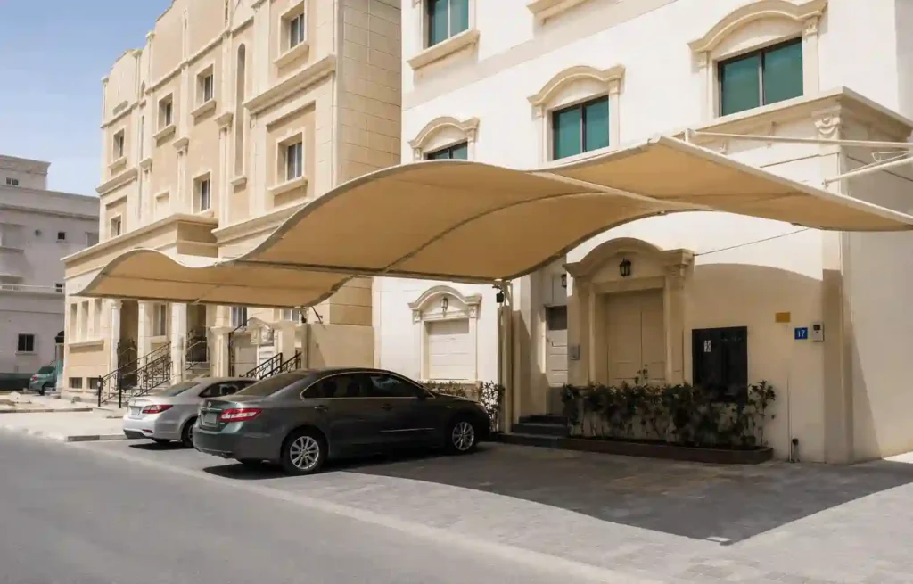 Villa parking area with residential parking shades in Riyadh.