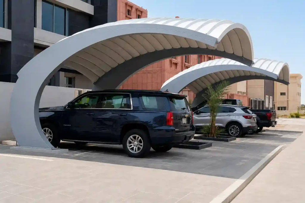 Large arch-shaped parking shade covering multiple vehicles.