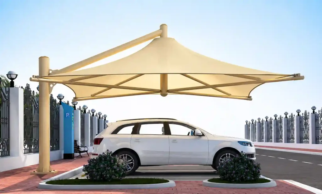 Premium cantilever car parking shade installed for residential vehicle protection in Riyadh.