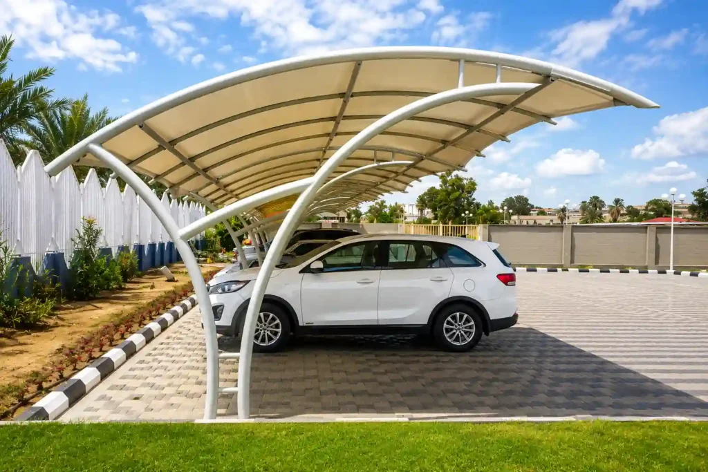 Commercial car parking shade structure for multiple vehicles.