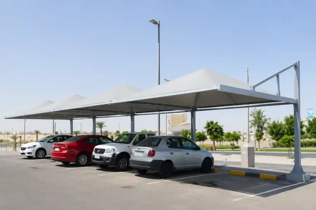 Commercial parking shade installation in Riyadh for outdoor vehicle parking.