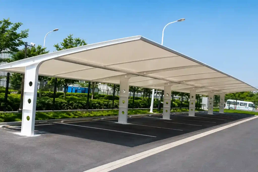 Modern flat roof car parking shade providing covered parking for multiple vehicles.