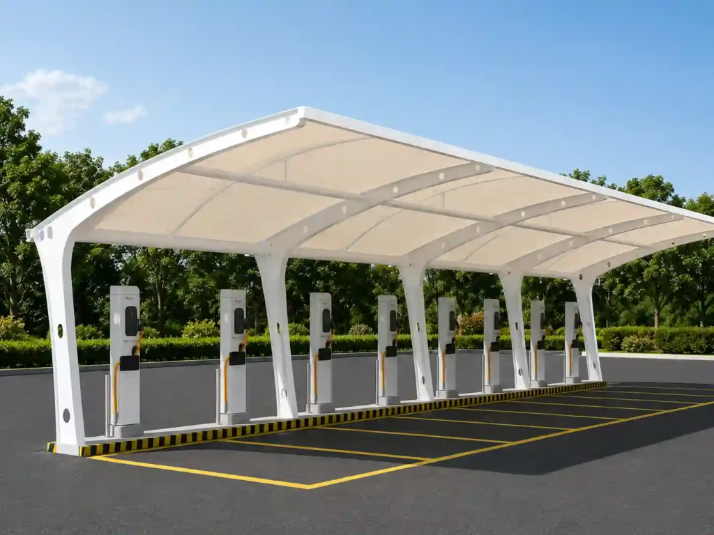 Commercial parking canopy with steel support structure.