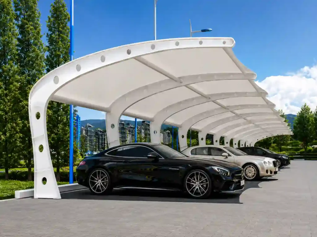 Curved parking shade designed for vehicle protection.