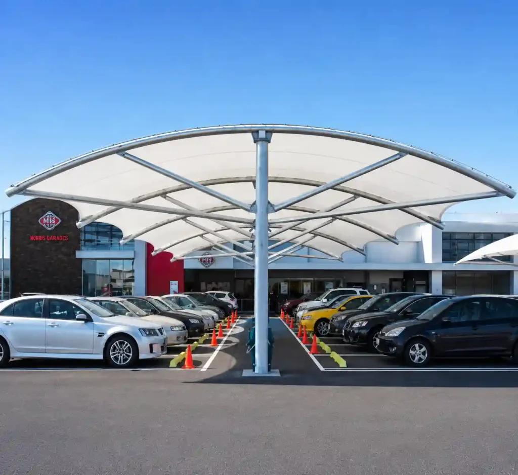 Large commercial parking shade structure in Saudi Arabia